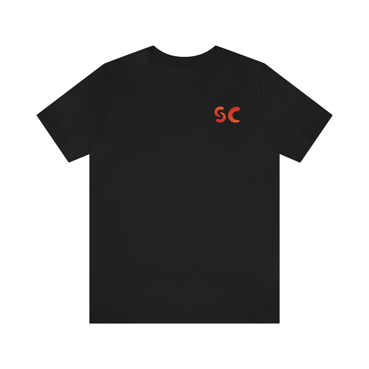 Front view of a black t-shirt with stylized "SC" over the left breast denoting sickle cell trait status.