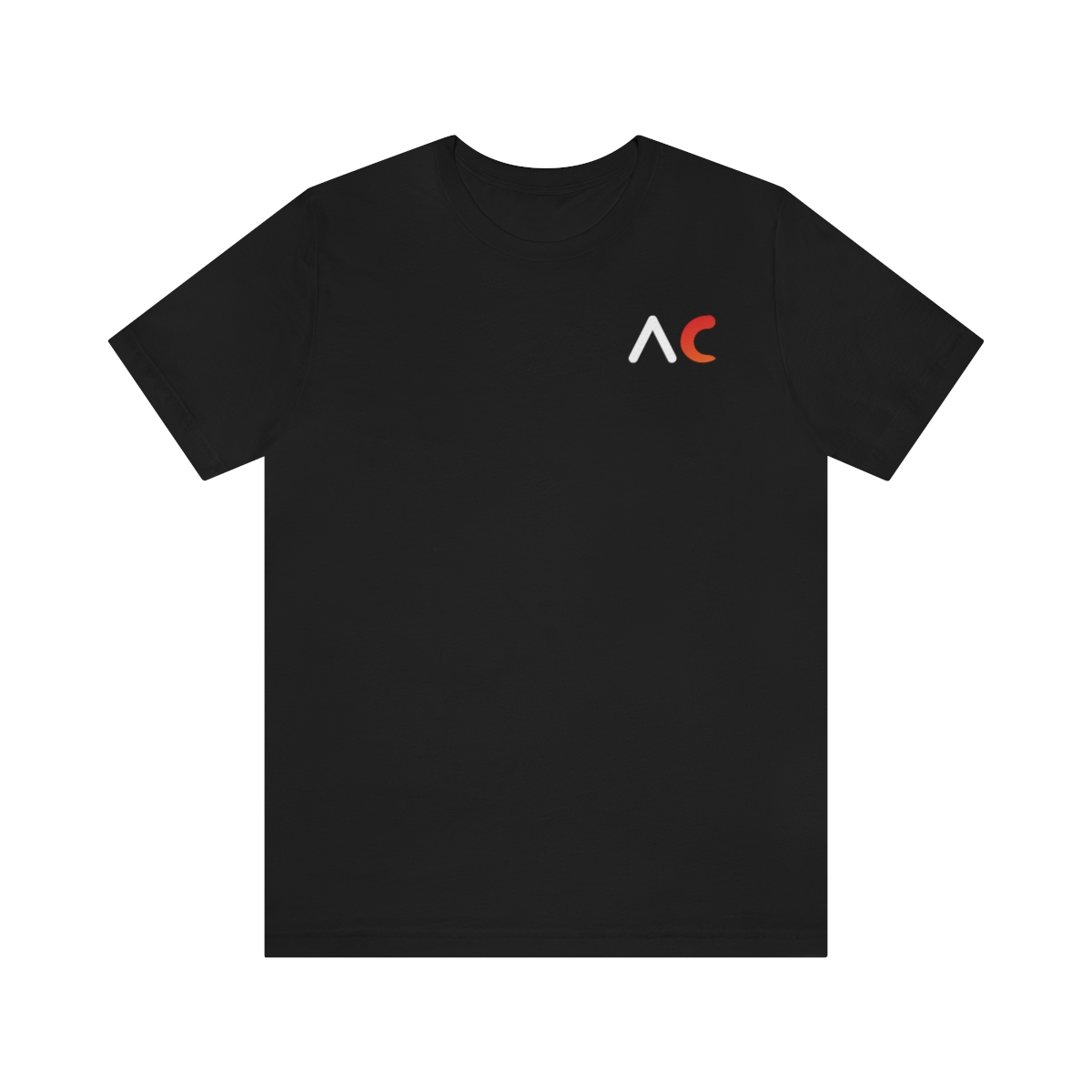 Front view of a black t-shirt with stylized "AC" over the left breast denoting sickle cell trait status.