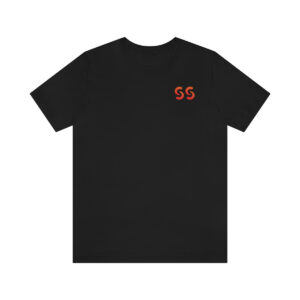 Front view of a black t-shirt with stylized "SS" over the left breast denoting sickle cell trait status.