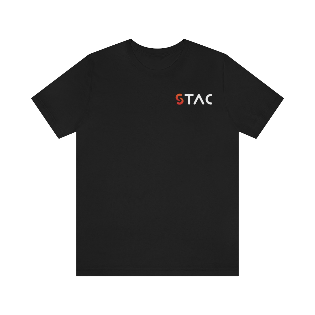 Front view of a black t-shirt with stylized "STAC" over the left breast.