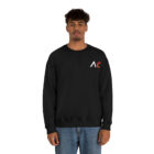 A young medium skin tone male model wearing a black sweatshirt with stylized "AC" over the left breast denoting sickle cell trait status.