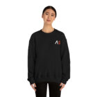 A young light skin tone female model wearing a black sweatshirt with stylized "AS" over the left breast denoting sickle cell trait status.