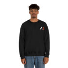 A young medium skin tone male model wearing a black sweatshirt with stylized "AS" over the left breast denoting sickle cell trait status.