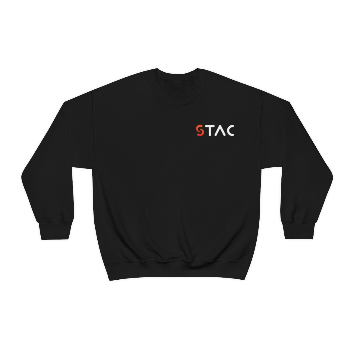Front view of a black sweatshirt with stylized "STAC" over the left breast.