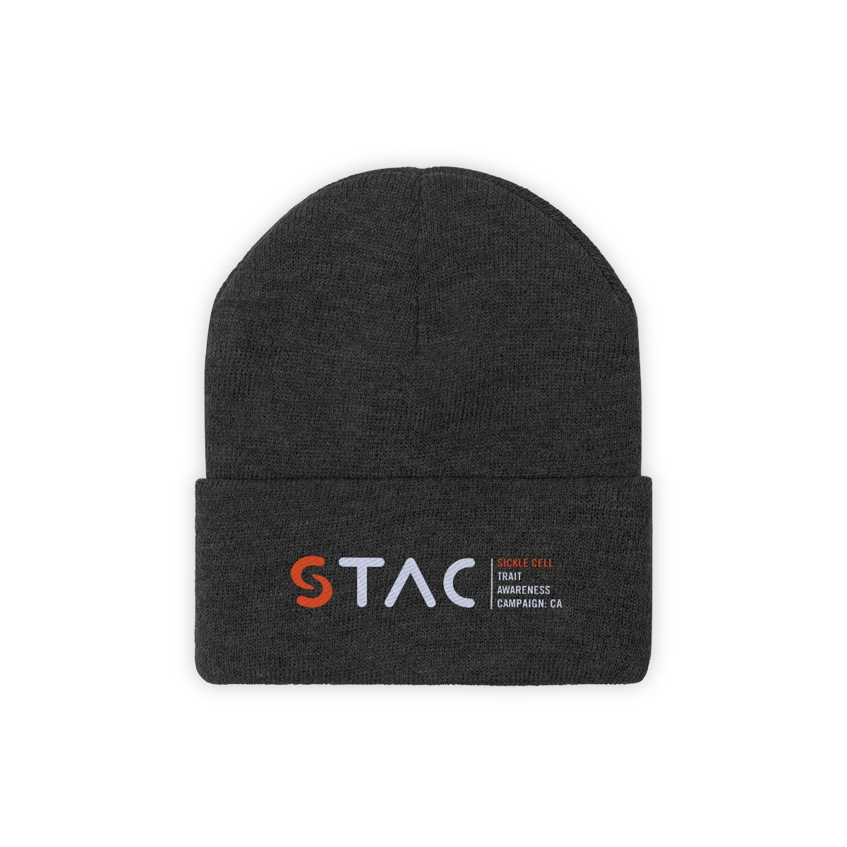 Flat front view of dark ash colored beanie-style knit hat with the STAC logo embroidered on the folded area.